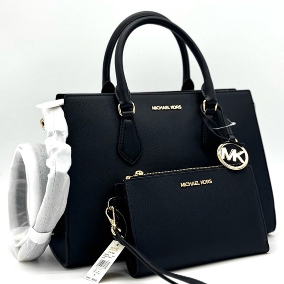 Michael Kors Sheila Medium Satchel Bag & Double Zip Wallet Black/Gold - Picture 1 of 13